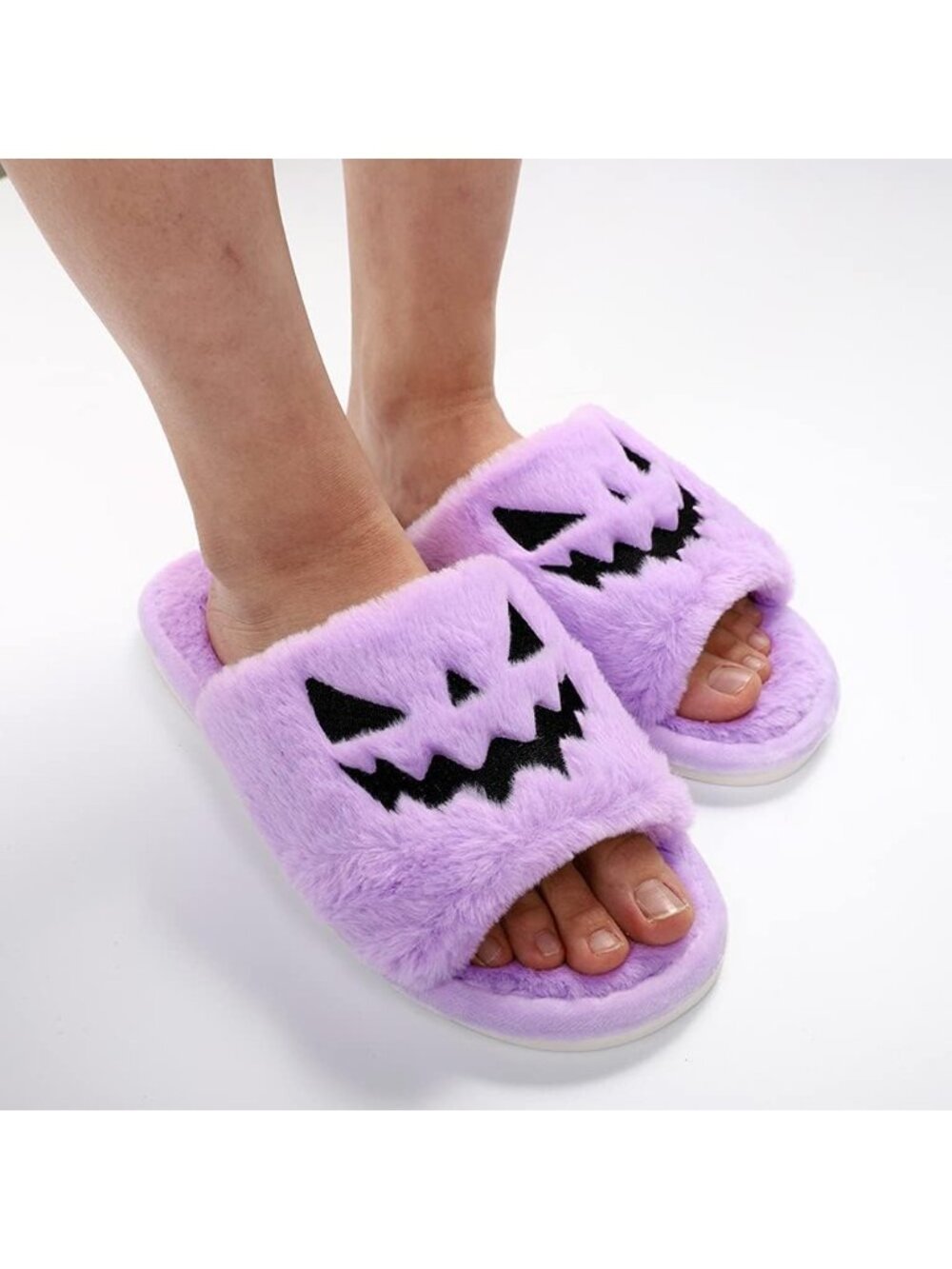 Unisex Purple Halloween Indoor Outdoor Open Toe Spooky Slides Fuzzy Slippers - Picture 2 of 7
